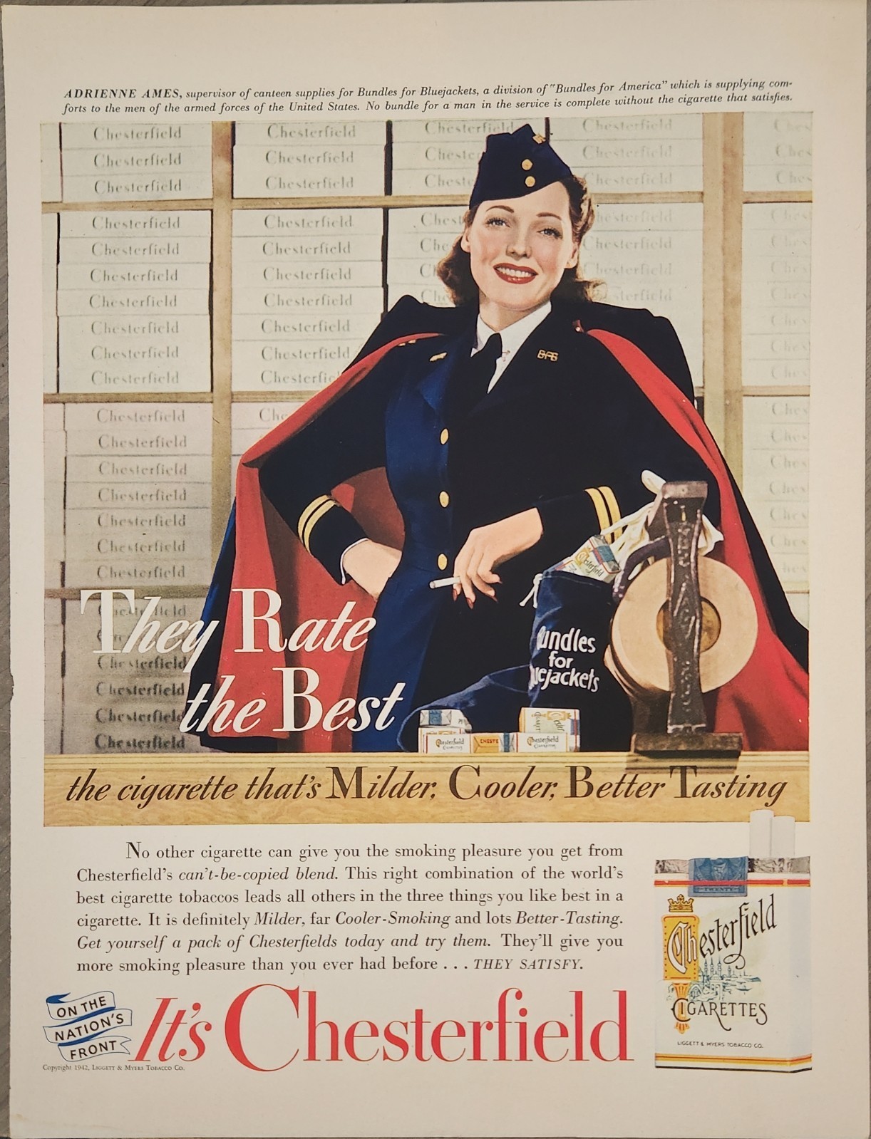1942 Chesterfield Cigarettes Vintage Ad They Rate the Best