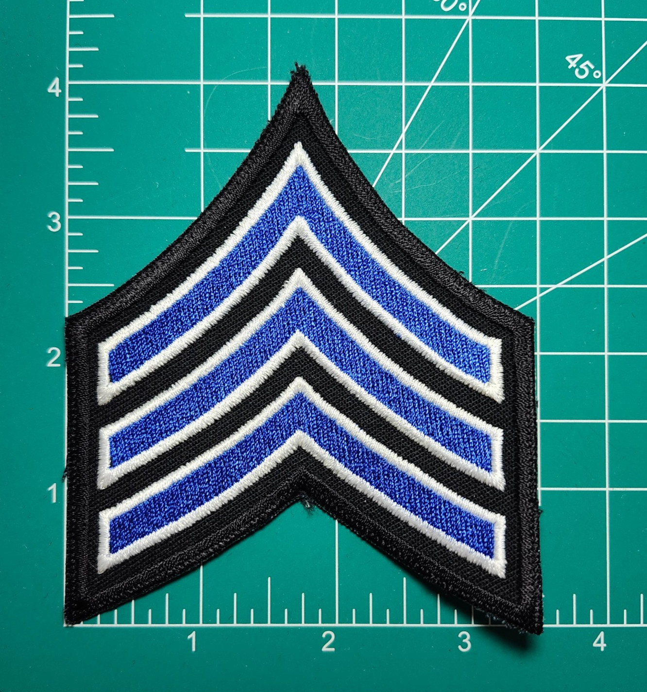 (2) Sergeant Chevron - 3.5" Wide - 3 Royal/White Stripes on BLACK Patch & Border