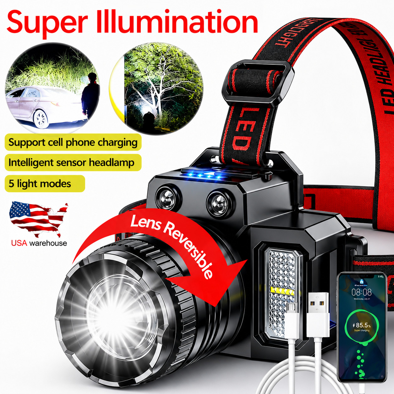 Super Bright LED Headlamp Flashlight USB Rechargeable Headlight Waterproof Lamp