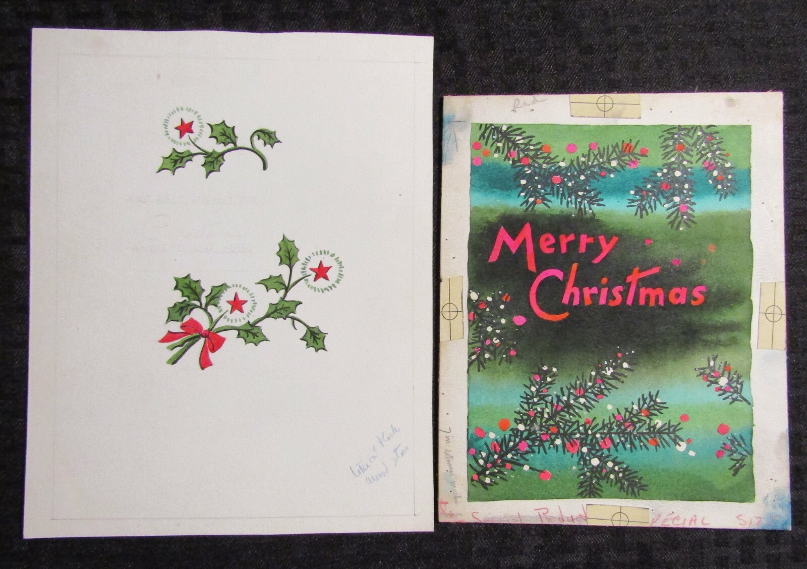CHRISTMAS Lettering w/ Holly Leaves & Stars 7x9" Greeting Card Art LOT of 2