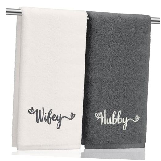 2 Pcs Wifey Hubby Hand Towels 100% Cotton Dark Gray,beige Wifey,Hubby