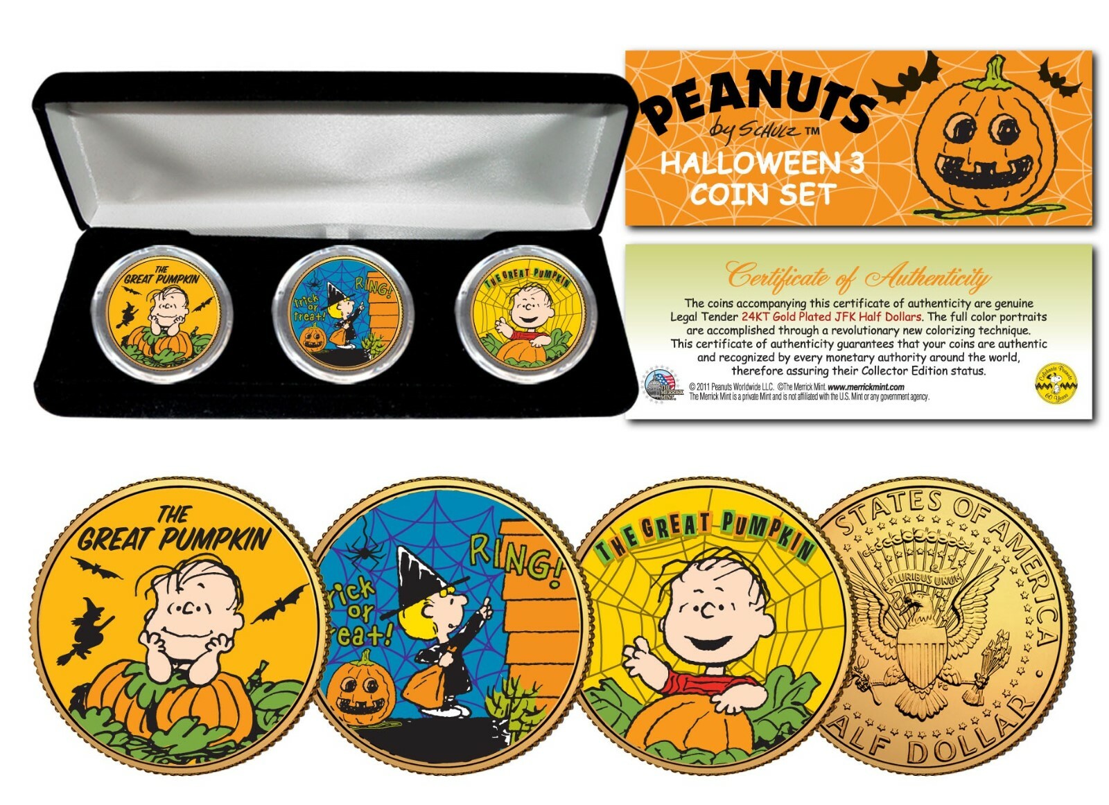 Peanuts HALLOWEEN GREAT PUMPKIN Linus Sally 24K JFK Half Dollar 3-Coin Set BOX