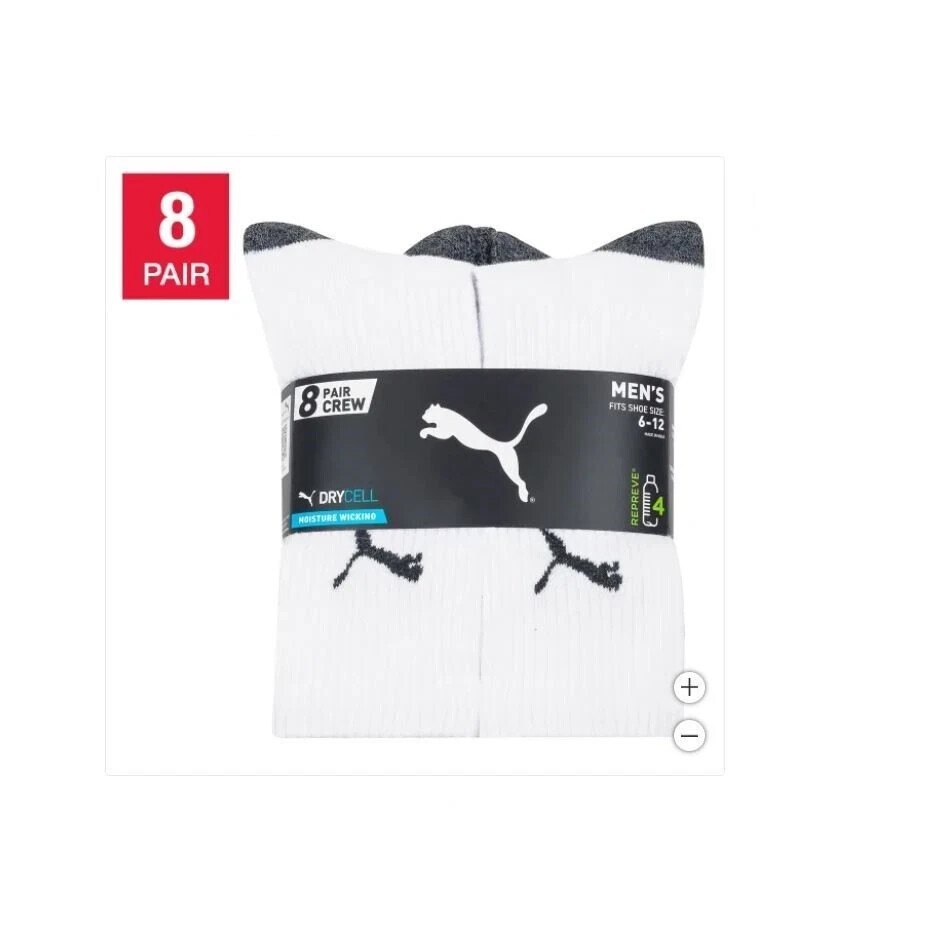 PUMA Men's Crew Sock, 8-pair Fit Shoe Size 6-12, White