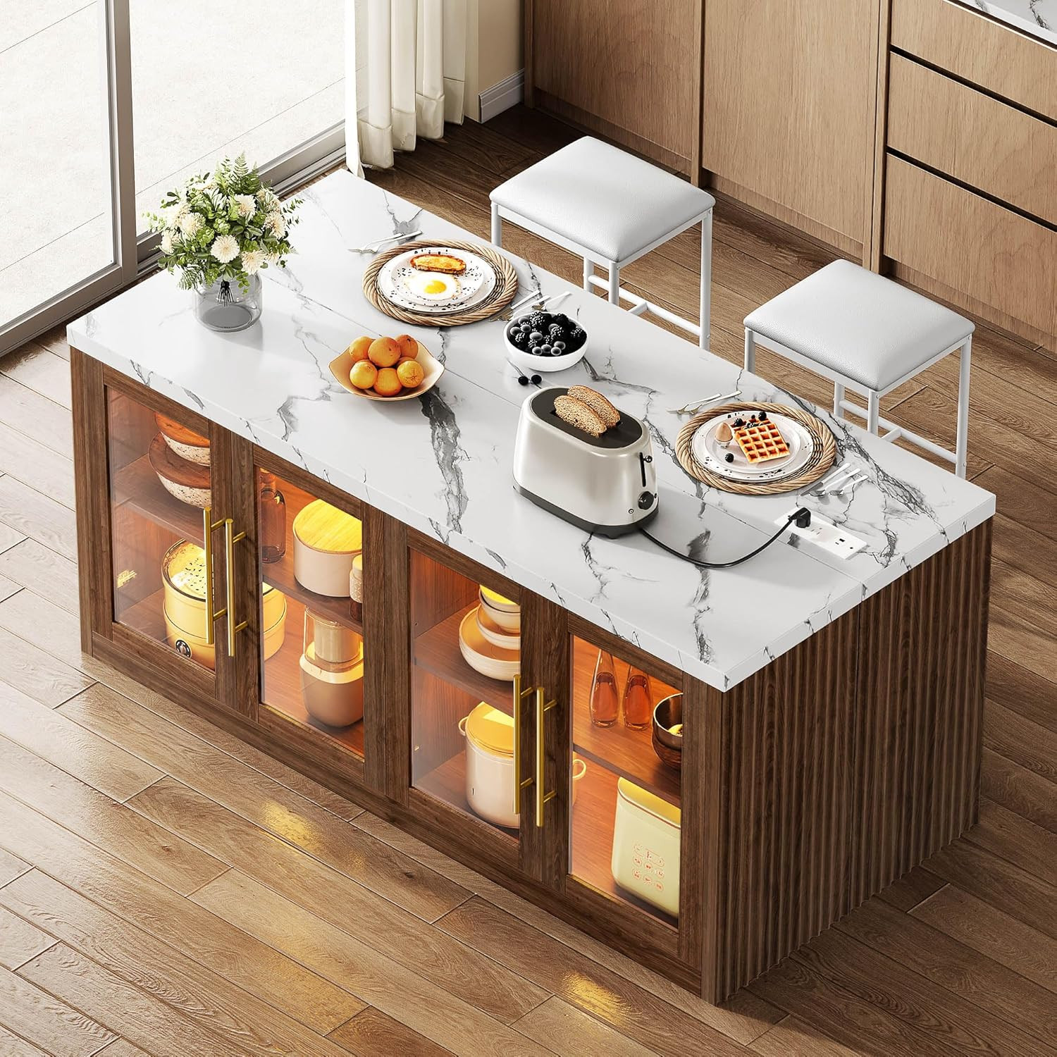 Walnut Kitchen Island with Storage & LED Light, 55" Rolling Breakfast Bar