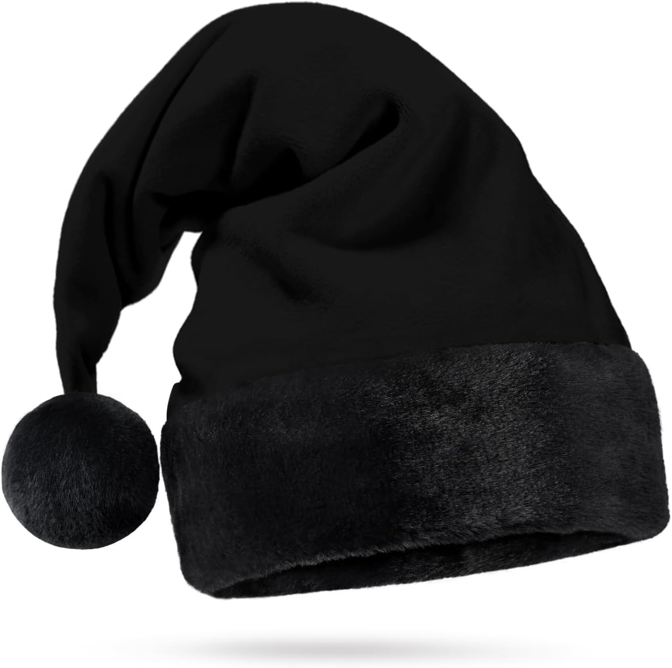 All Black Santa Hat - Black Furry Trim, Faux Fur - Gothic Xmas, Spooky Goth Deco