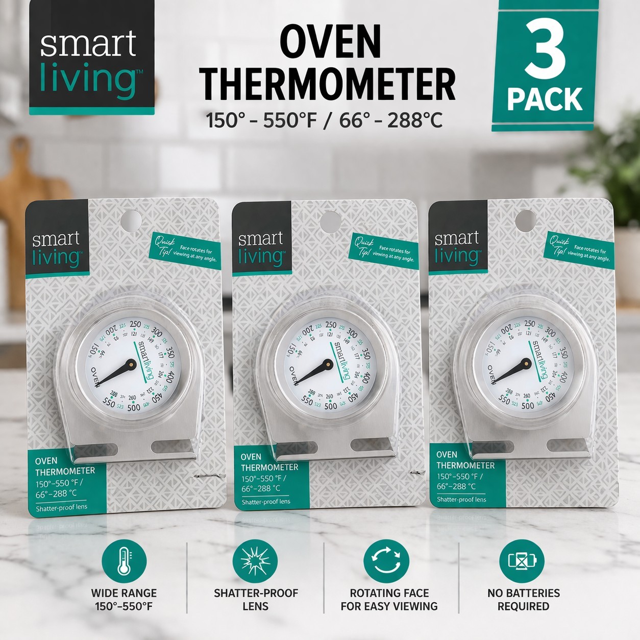 Oven Thermometer 150-550°F Analog Dial Heat Gauge Kitchen 3 Pack