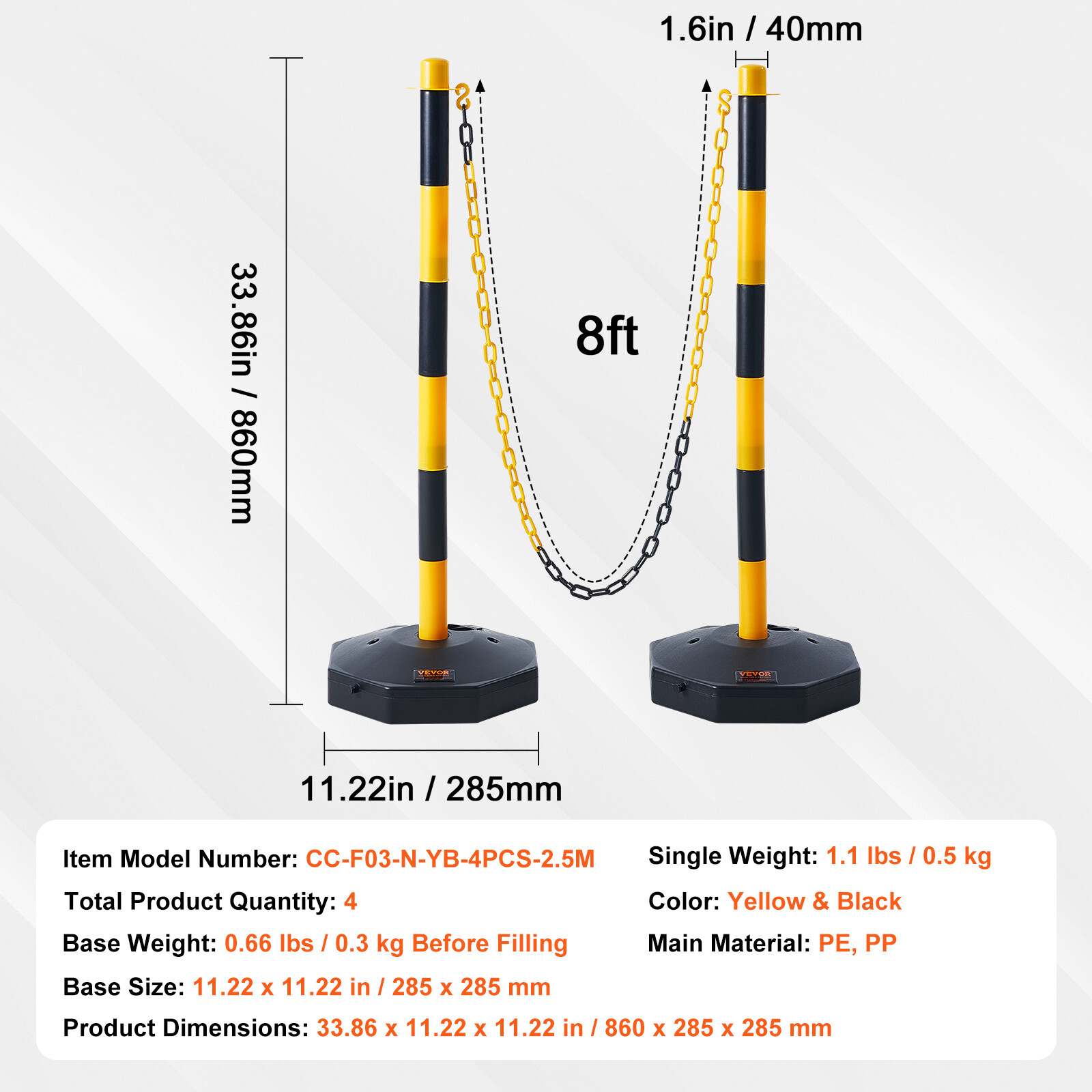 VEVOR 4PCs Traffic Delineator Post Cones with Fillable Base 8FT Chain Adjustable