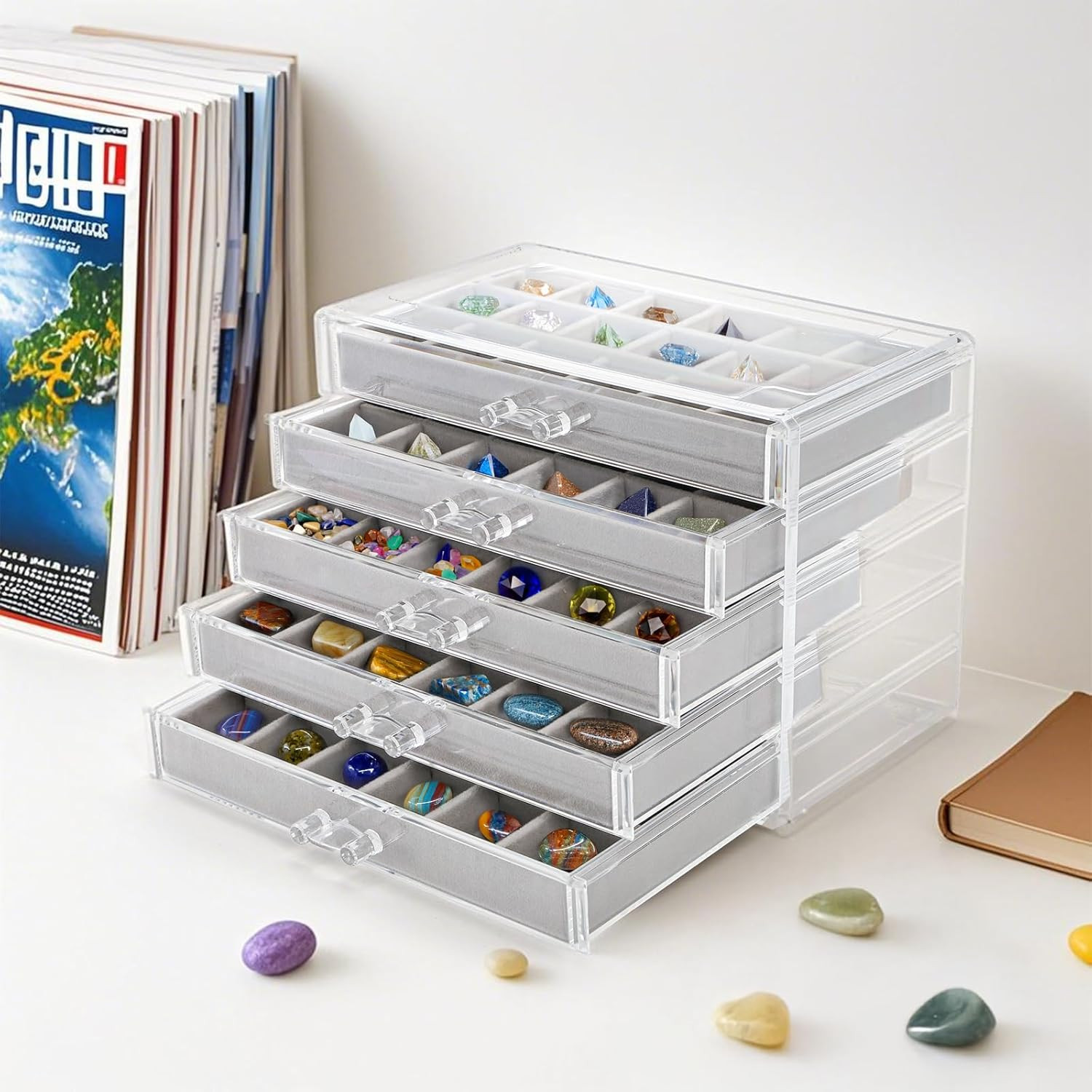 Clear Acrylic Rock Display Case, 5 Layer 90 Grids Rock Collection Case with Adju