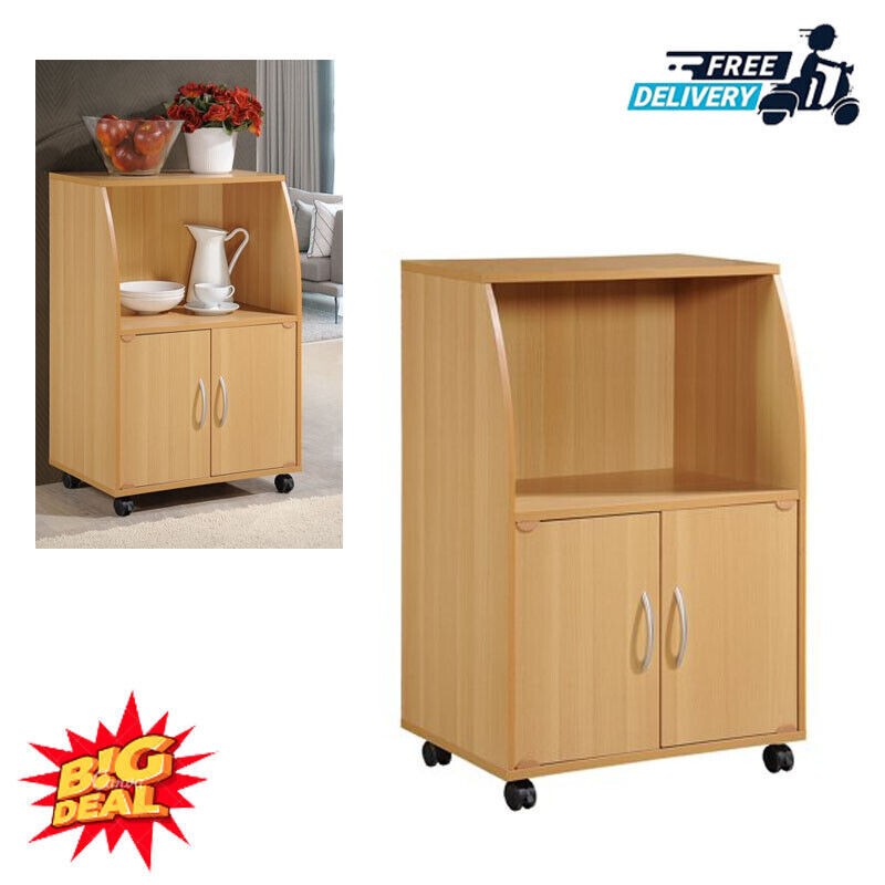 Kitchen Bakers Rack Utility Mini Microwave Oven Stand Storage Cabinet Cart Beech