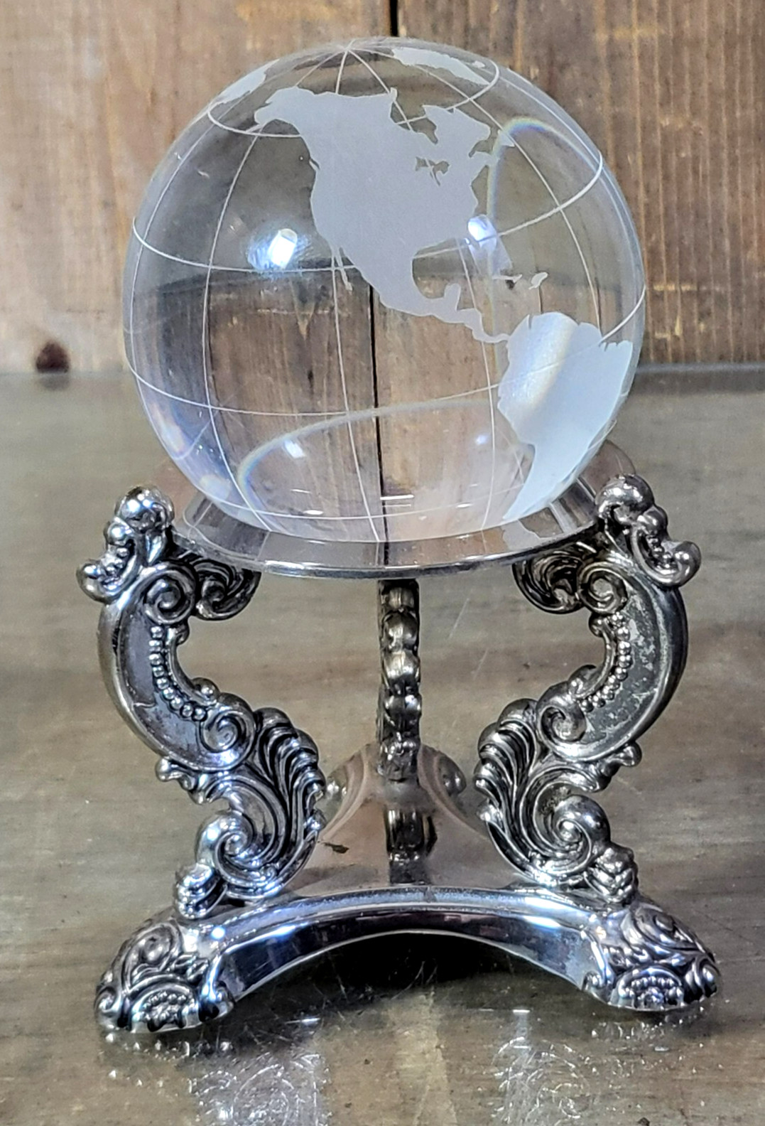 Vintage Crystal Glass World Globe Ball Sphere Silver Stand Display Paperweight