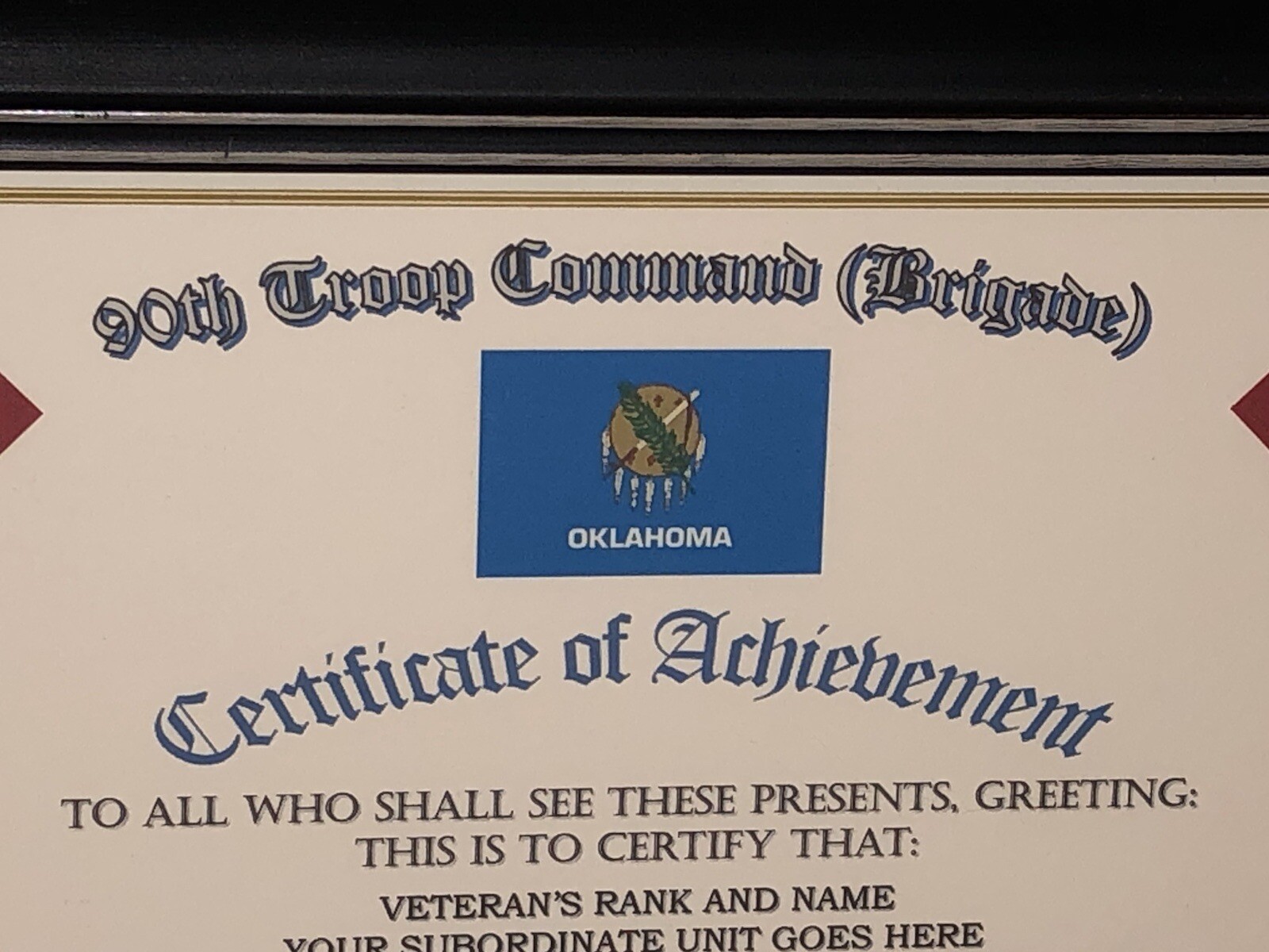 90TH TROOP COMMAND (BRIGADE) - COA / (COMMEMORATIVE CERTIFICATE)