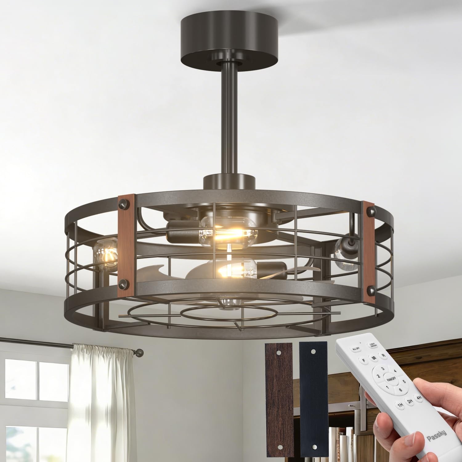Ceiling Fan 20 Inch Farmhouse Caged LED Light Remote 6 Speed Passky Fans Lights