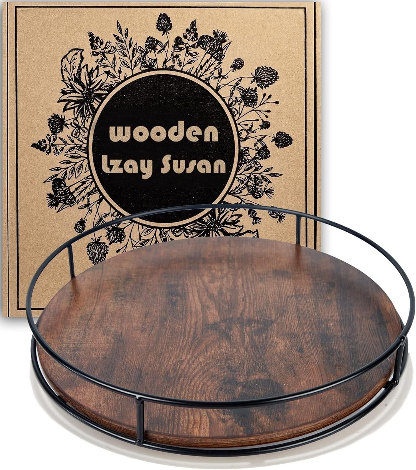 12 Inch Wood Lazy Susan, Rustic Brown Turntable Organizer with Steel Frame, 360