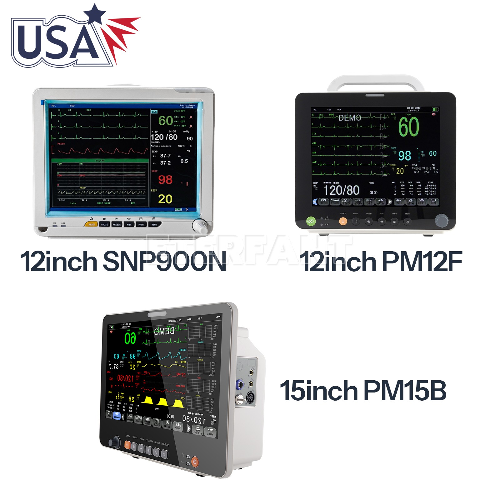 12"/15.6" Patient Monitor ICU CCU Vital Sign for NIBP TEMP ECG RESP SPO2 PR
