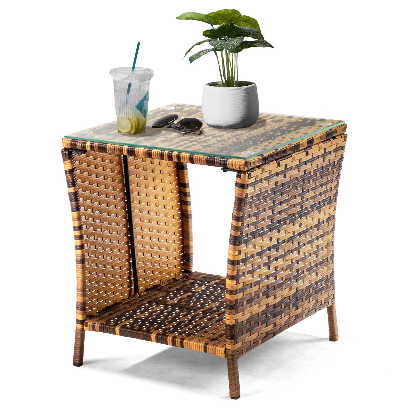 Yellow Wicker Rattan Side Tea Table with Glass Patio Outdoor Garden Furniture