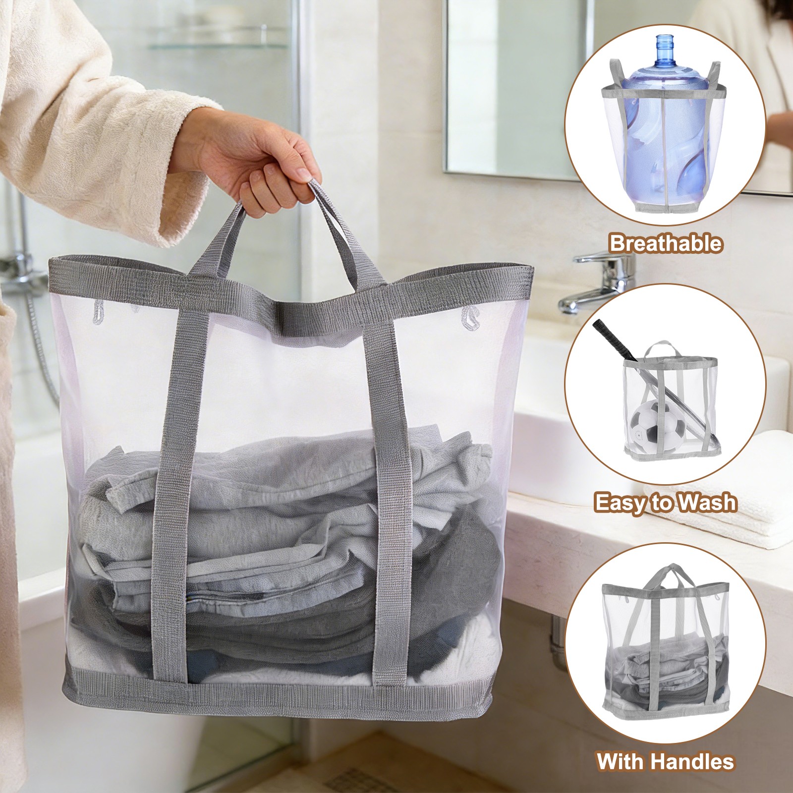 Collapsible Basket Mesh Hamper with Handles Foldable Bag Grey Large