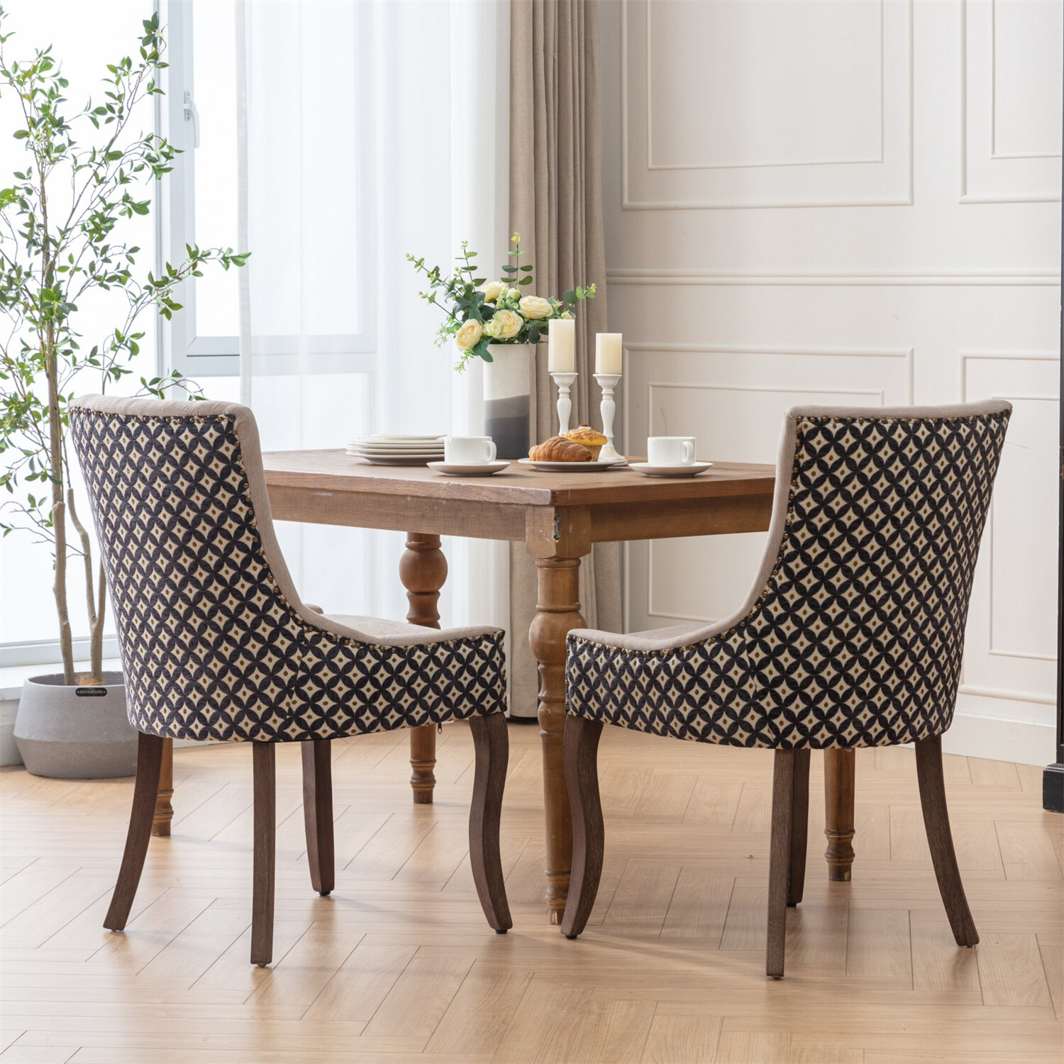 Set of 2 Dining Chair Upholstered Kitchen Dining Chair with Wood Leg Beige/Black