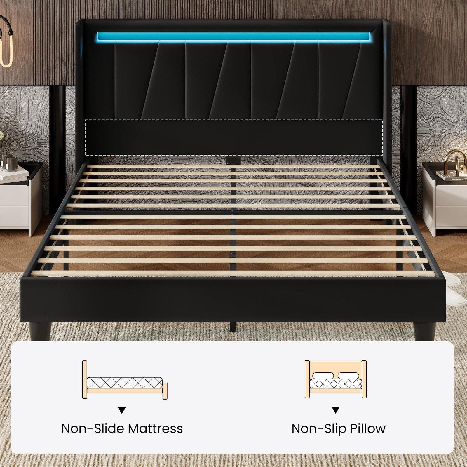 Full Size Bed Frame with Charging Station and LED Lights, Modern Velvet Platf...