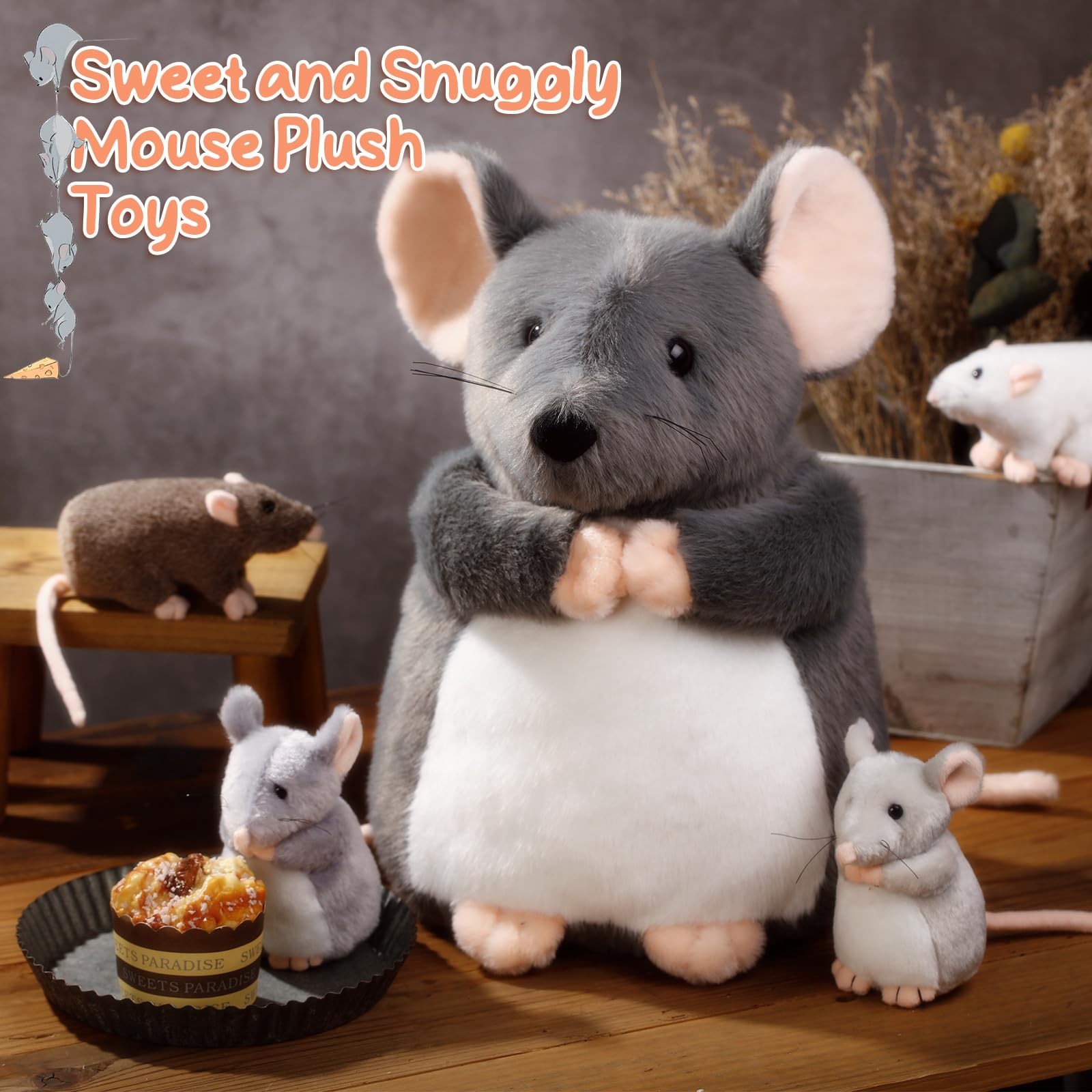 Arrowbash 5-Pc Mouse Stuffed Animals Set - 14" Mommy Rat Plush & 4 Small