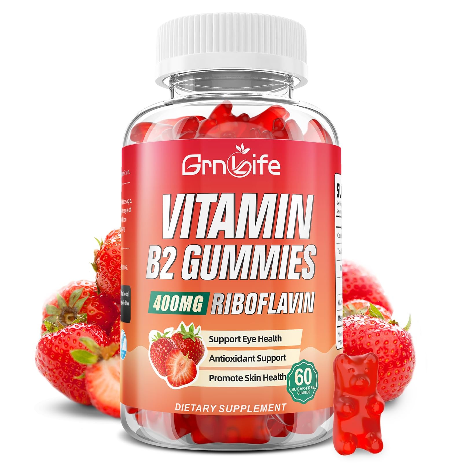 GrnLife Vitamin B2 Gummies, Riboflavin 400mg with 60 Count (Pack of 1)