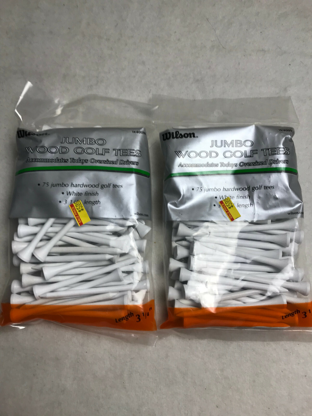 Wilson 3 1/4" Jumbo Hardwood White Golf Tees 2 Packs of 75 each 150 Tees NEW