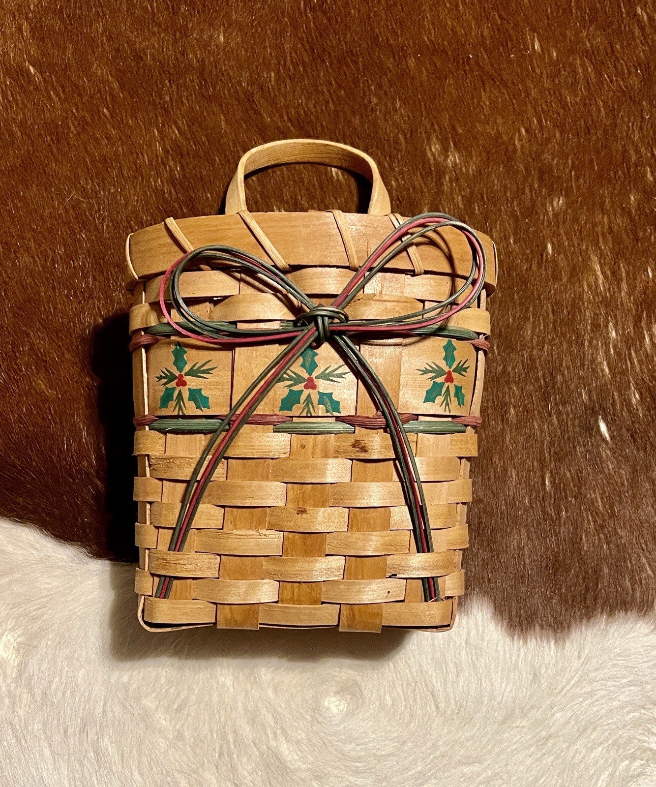 Handcrafted Tan Woven Basket with holly details