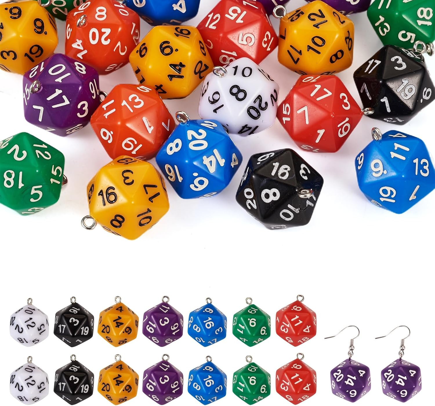 20Pcs D20 Dice Charms Opaque Acrylic 20 Sided Dice Pendants Random Mixed Color P