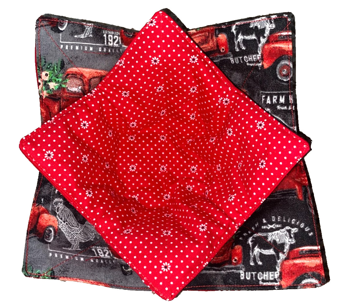 Farm Trucks, Daisies & Polka Dots Fabric Bowl Cozy, Reversible Washable Set Of 2