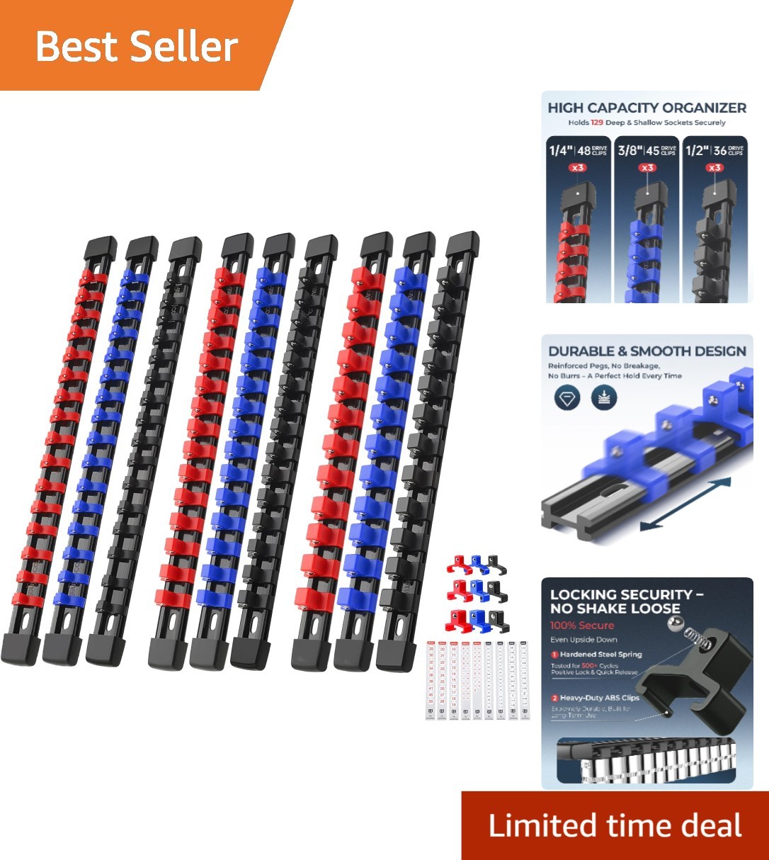 9-Pack Heavy Duty Socket Organizer Set - 129 Clips, Wall Mount & Drawer Storage