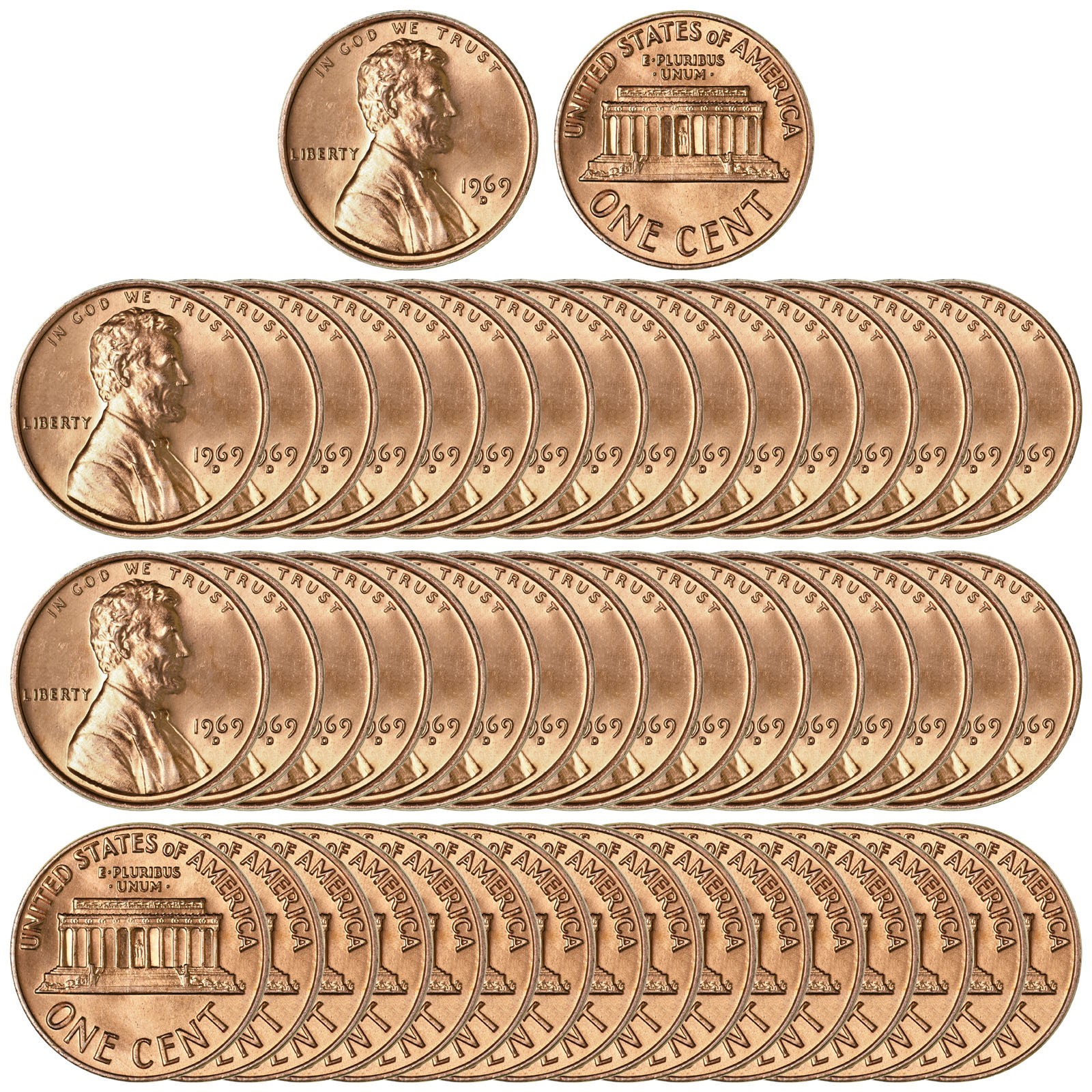 1969 D Lincoln Memorial Cent BU 50 Coin Roll