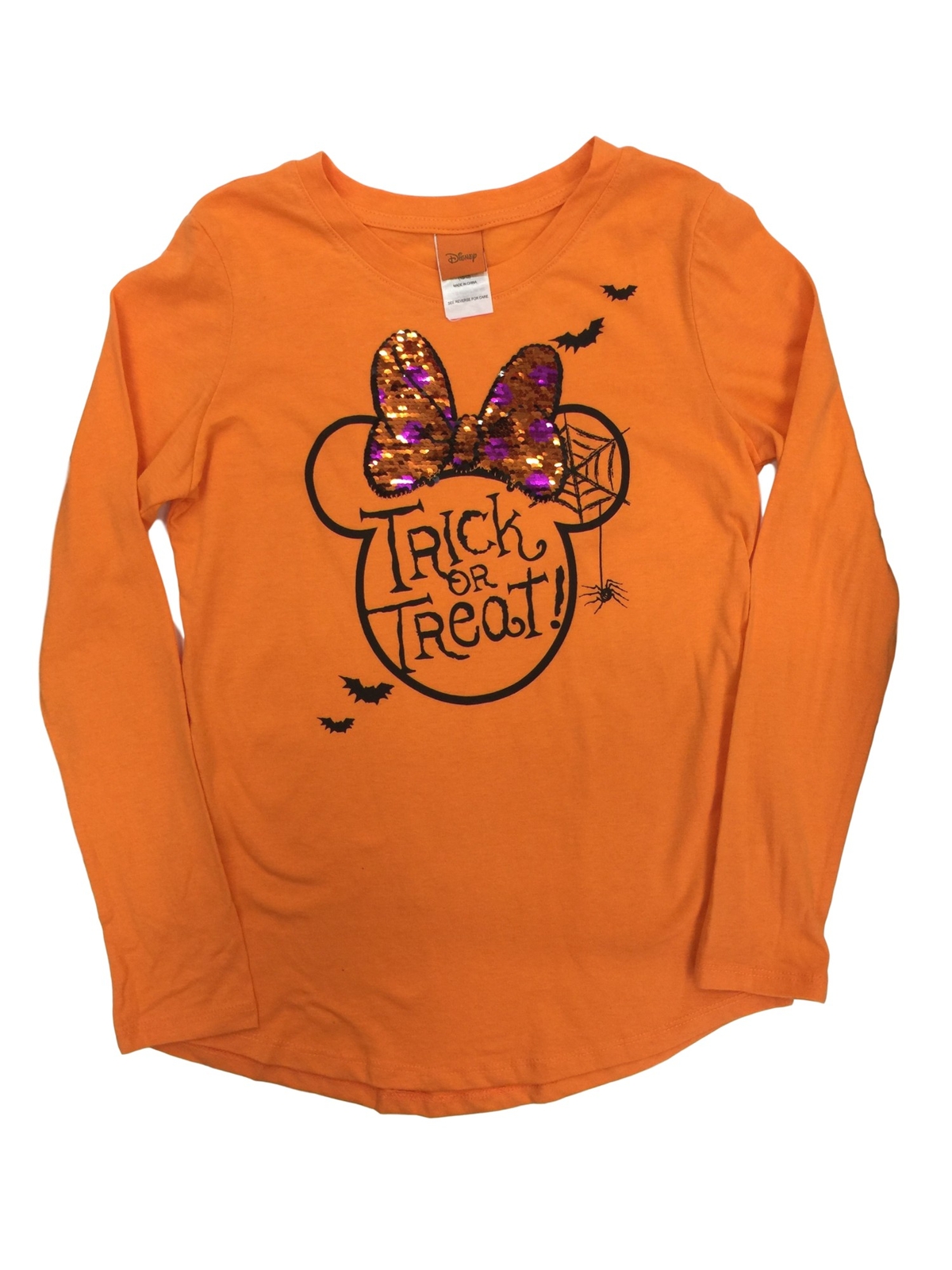 Disney Girls Orange Minnie Mouse Trick Or Treat Halloween Flip Sequin Shirt XS