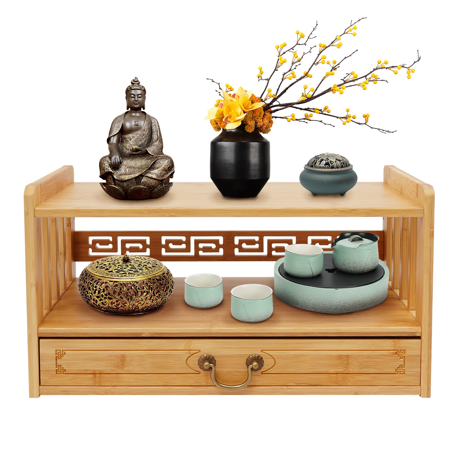 Meditation Storage Table with Drawer, Bamboo Desktop Organizer Chinese Style