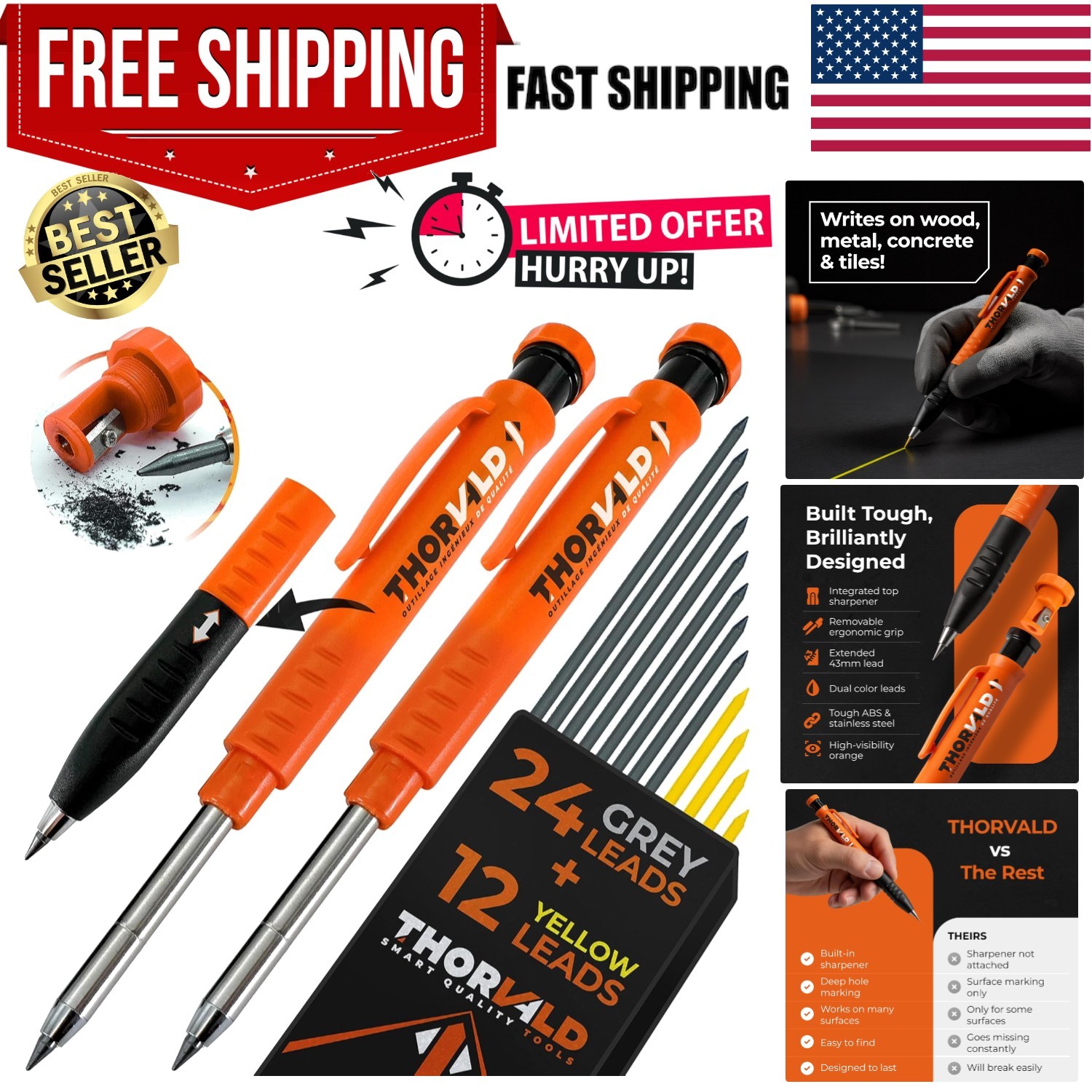 2 Carpenter Pencils Set for Construction - Incl. 38 Leads + Sharpener + Finge...