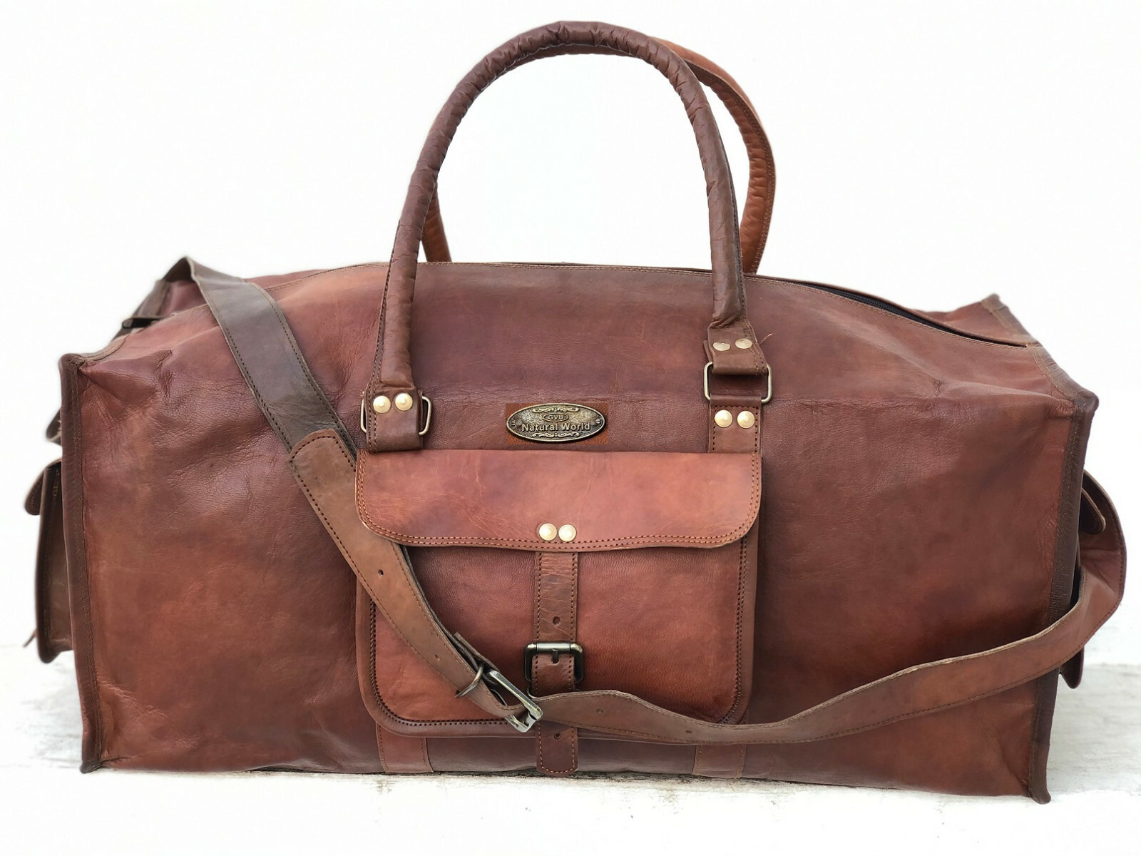 GVB Logo Leather Handmade Vintage Duffel Travel Luggage Weekend Overnight Bag