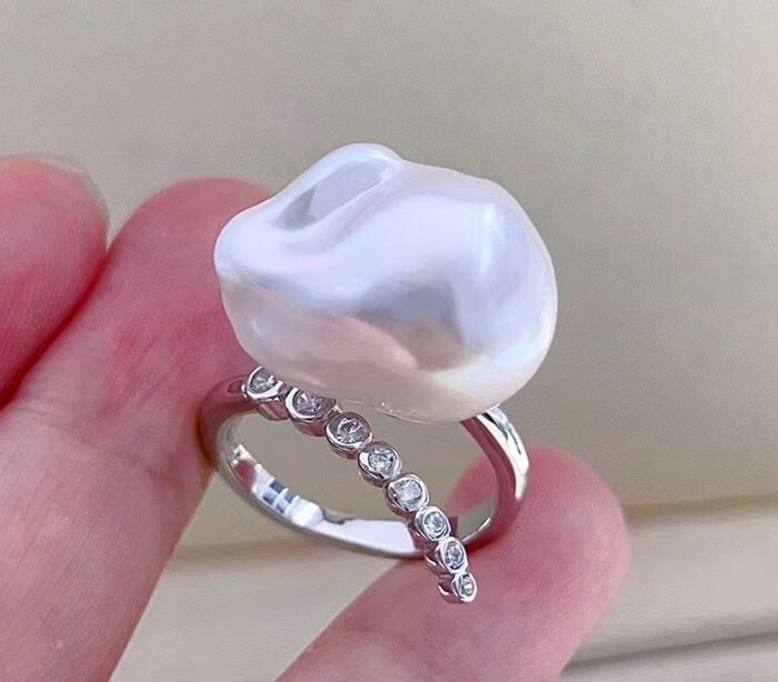 S2196 Real natural 15x20mm baroque white pearl sterling silver ring Adjustable