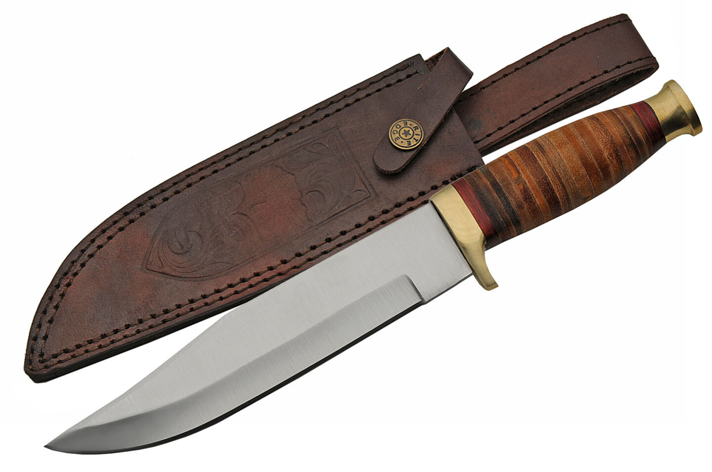 Bowie Knife | Classic 12" Overall Stacked Leather Handle Silver Blade + Sheath