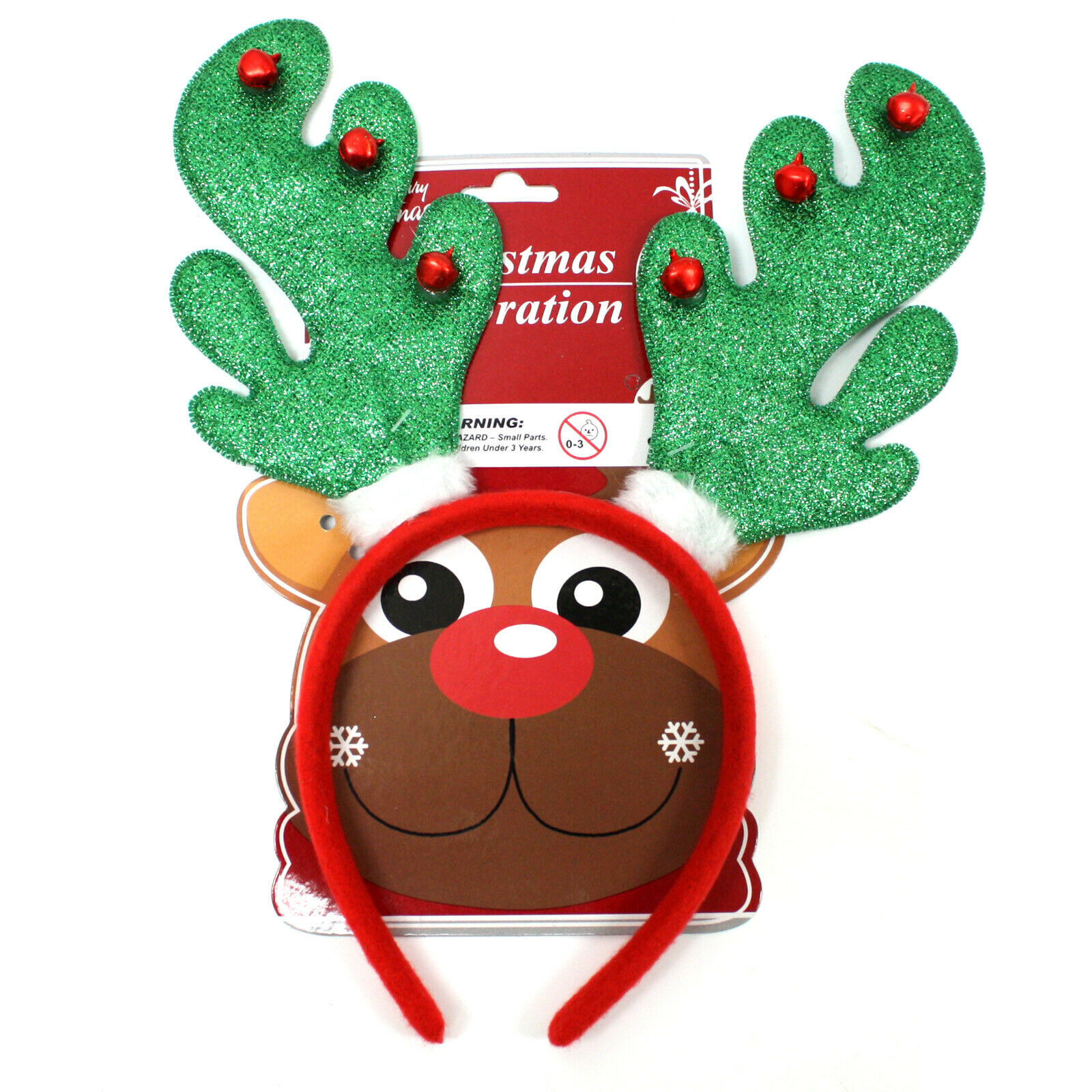 Green Glitter Reindeer Headband Bells Christmas Holiday Antler Festive Costume