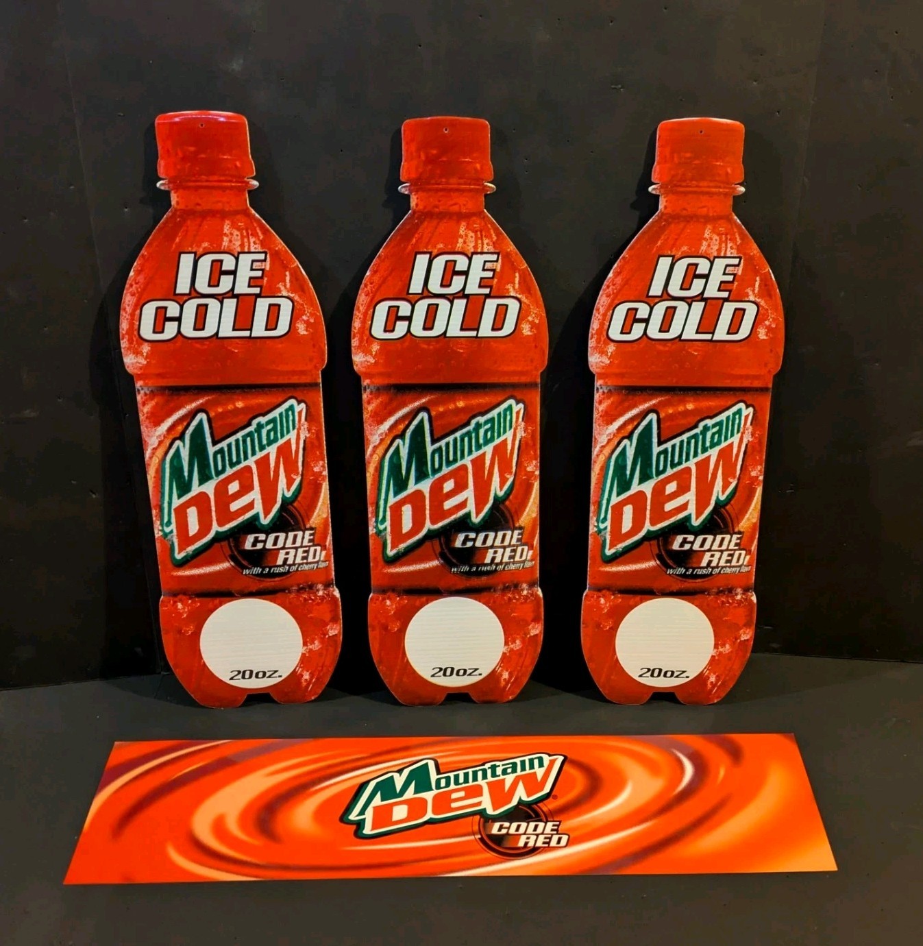 Vintage Mountain Dew Code Red Laminated Sign & 3 Bottles