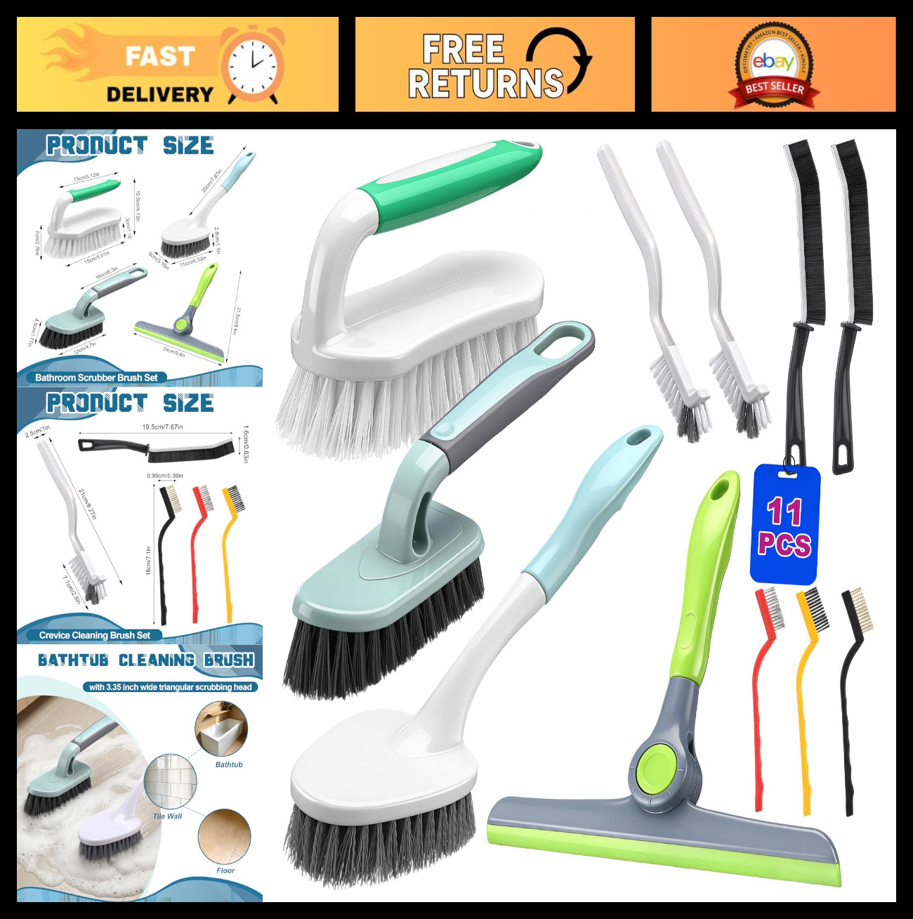 11-Piece Cleaning Brush Set with Squeegee, Crevice & Detail Brushes - Multi-Purp