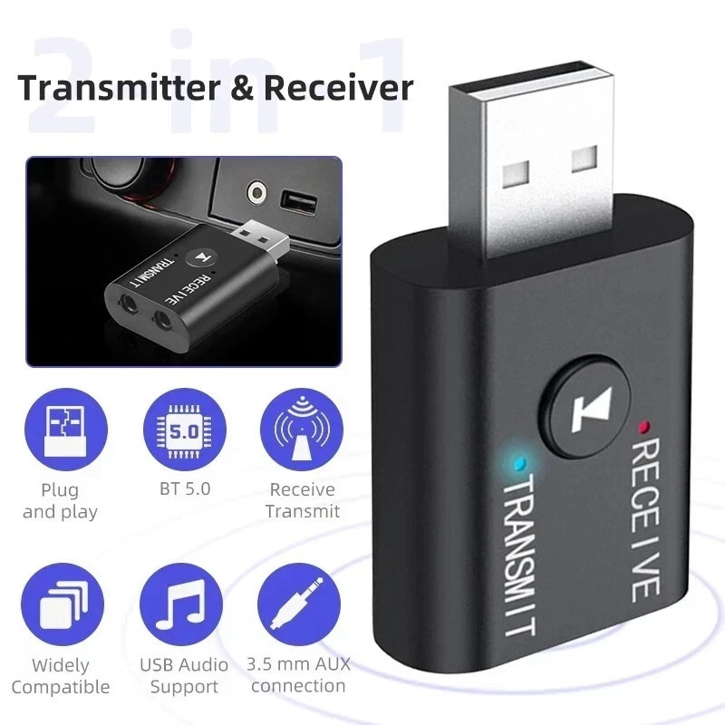 Bluetooth 5.0 Audio Transmitter Receiver USB 3.5mm Adapter for TV Car Stereo