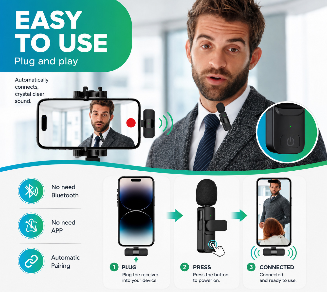 3 in 1 Wireless Clip-on Microphones for iPhone, Camera, Android, iPad