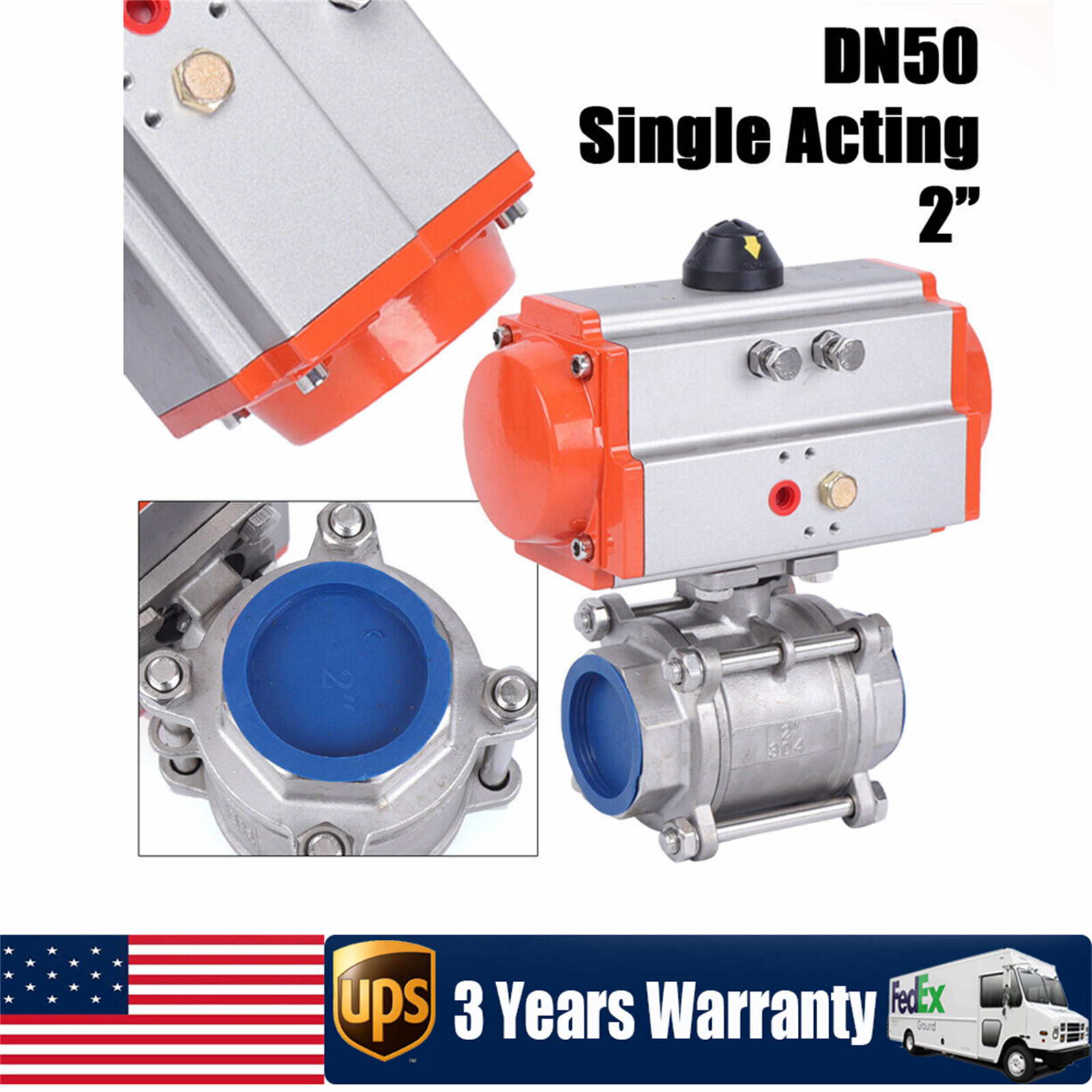 2" Pneumatic Air Actuated Stainless Ball Valve  Single Acting Spring Return NEW