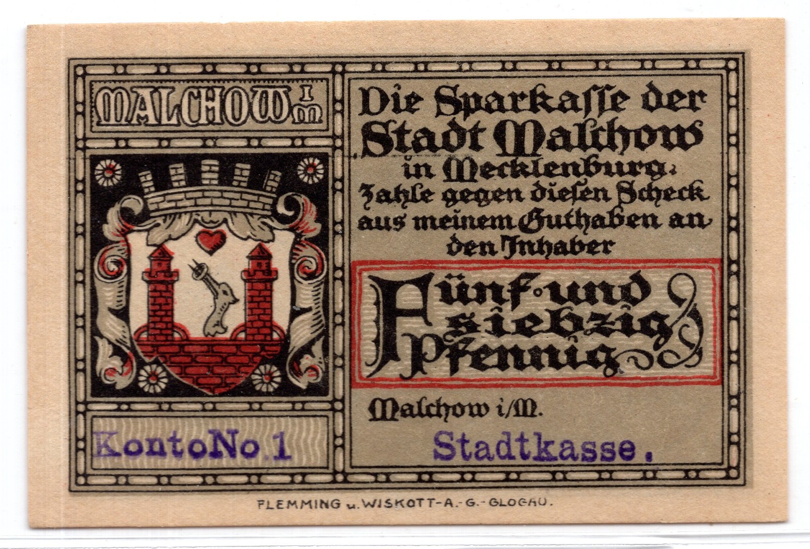 1921 Germany Malchow Notgeld 75 Pfennig Note (NG174)