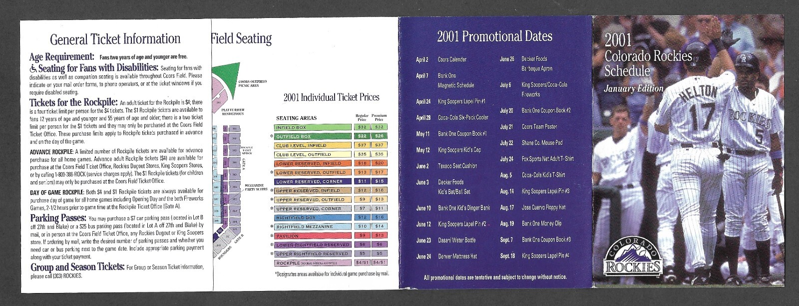 2001 ROCKIES  Todd Helton  January Edition Regular Season POCKET SCHEDULE  NM-MT