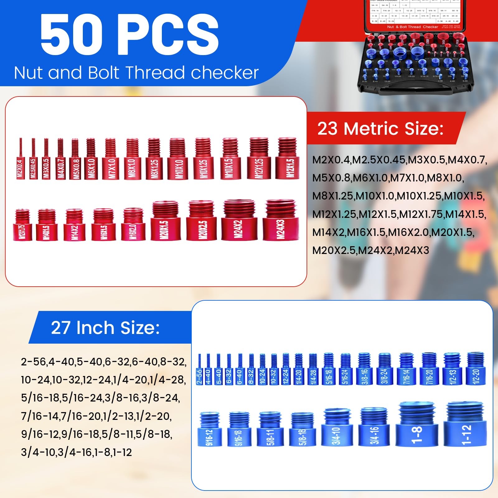 50 PCS Thread Checker Kit SAE Metric Bolt Nut Size Finder Tool 27 SAE 23