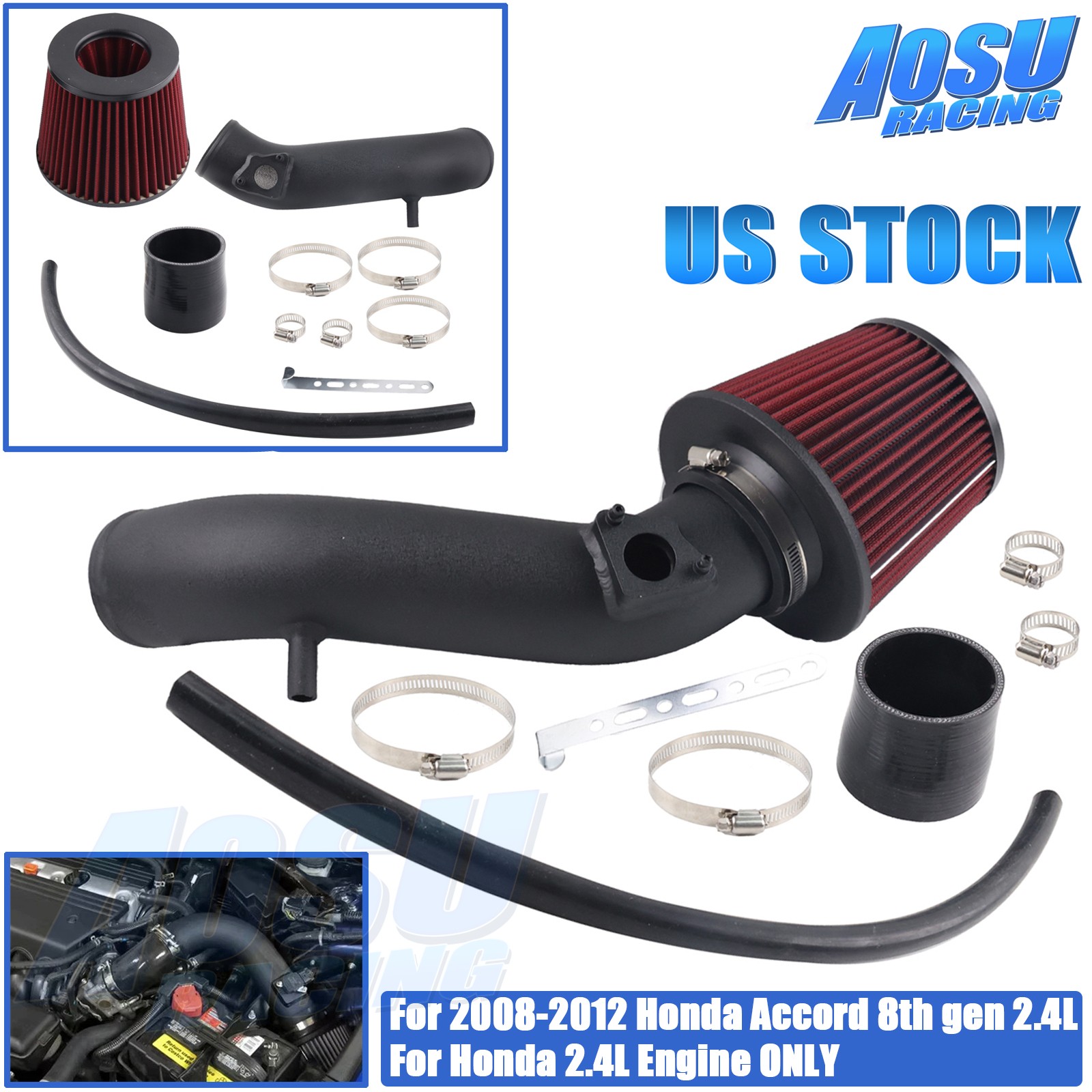 For 08-12 Honda Accord 8th gen 2.4L Engine Cold Air Intake Pipe Kit + Red Filter