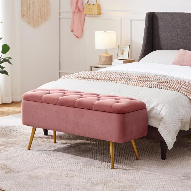 Bedroom Ottoman with Storage Velvet Entryway Bench with Safety Hinge