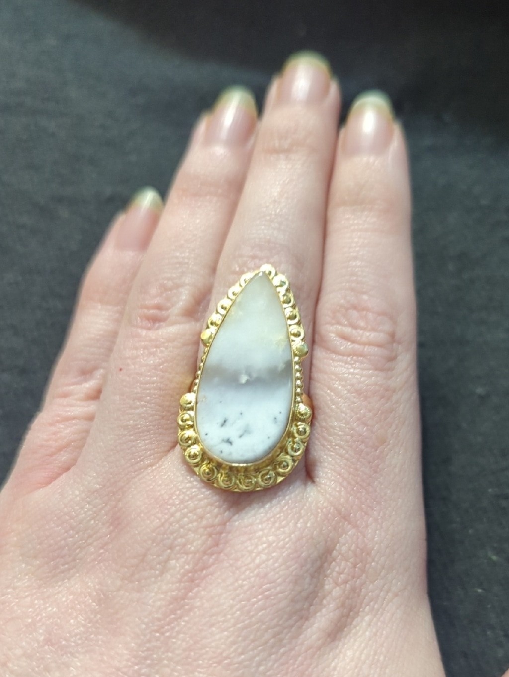 Gold Plated White Grey Dendritic Opal Gemstone Teardrop Statement Ring - Size 10