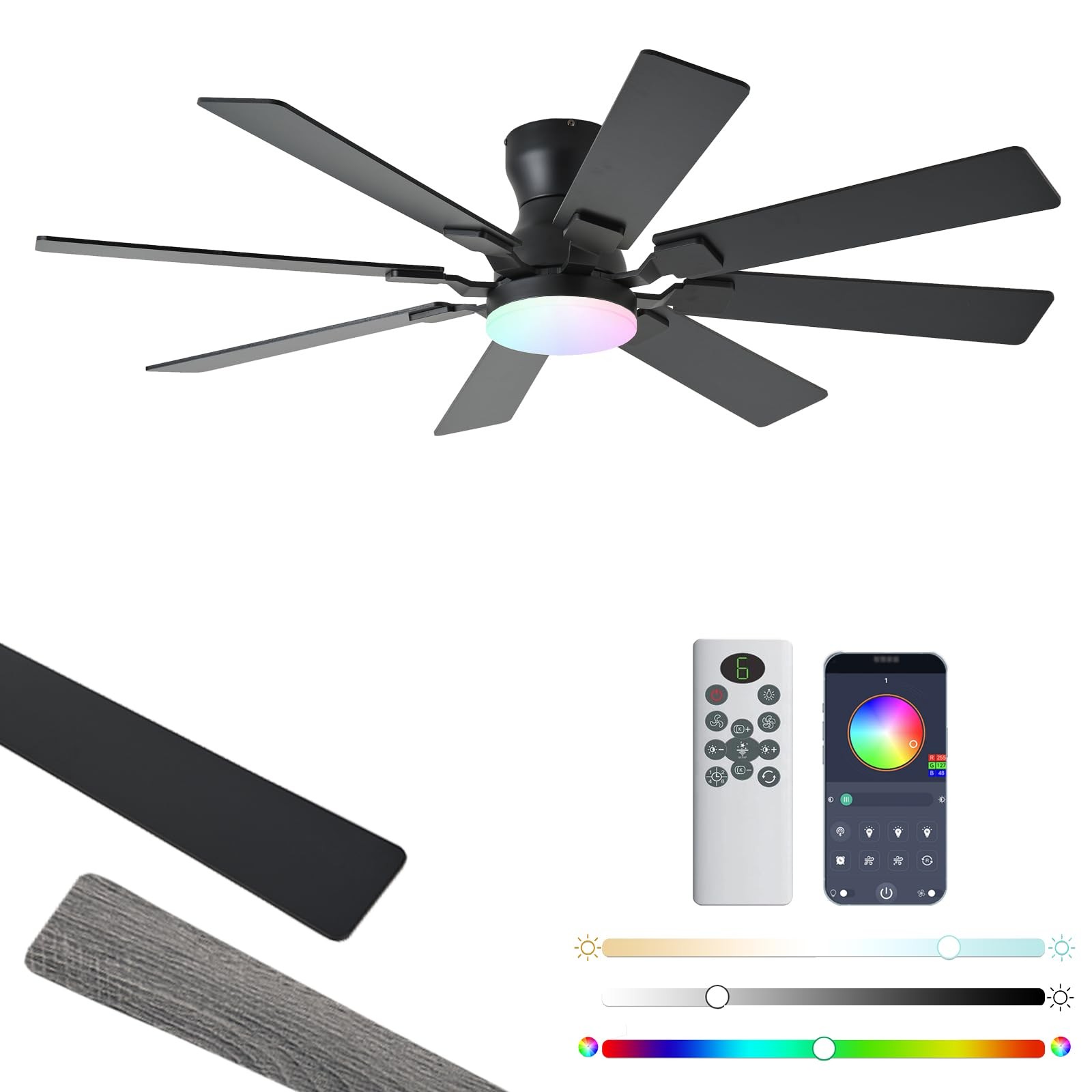 JSAITEE 52 inch Ceiling Fan with Light, 6 Speeds Reversible 52 Inches, Black