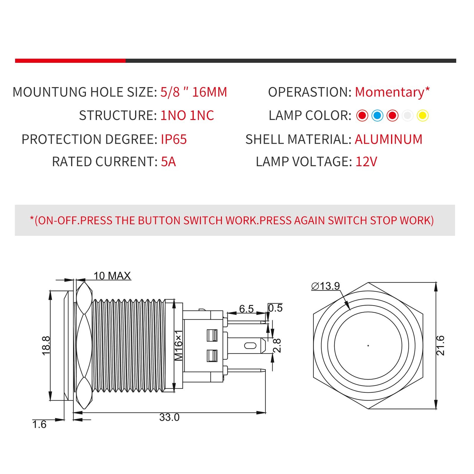 YMJSAN 16mm Momentary Push Button Switch 12V DC On Off Black Shell-Red